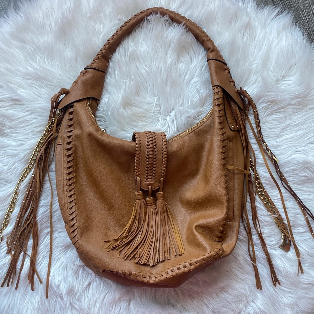 Big Buddha Early 2000s Cognac Brown Leather Fringe Hobo Slouchy Shoulder Purse